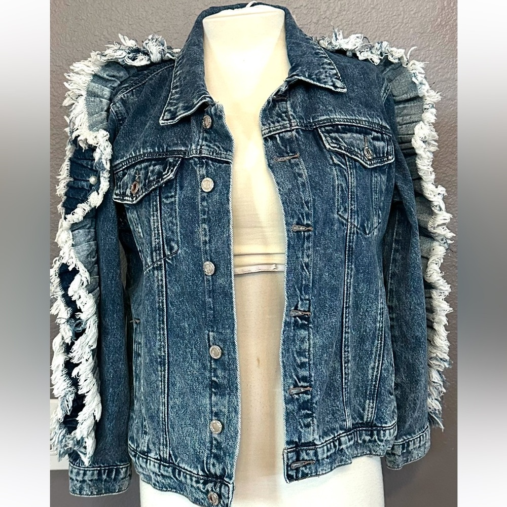 NEW, Why Dress Womens Ruffled Denim Jean Jacket Distressed Bohemian Hippie Biker